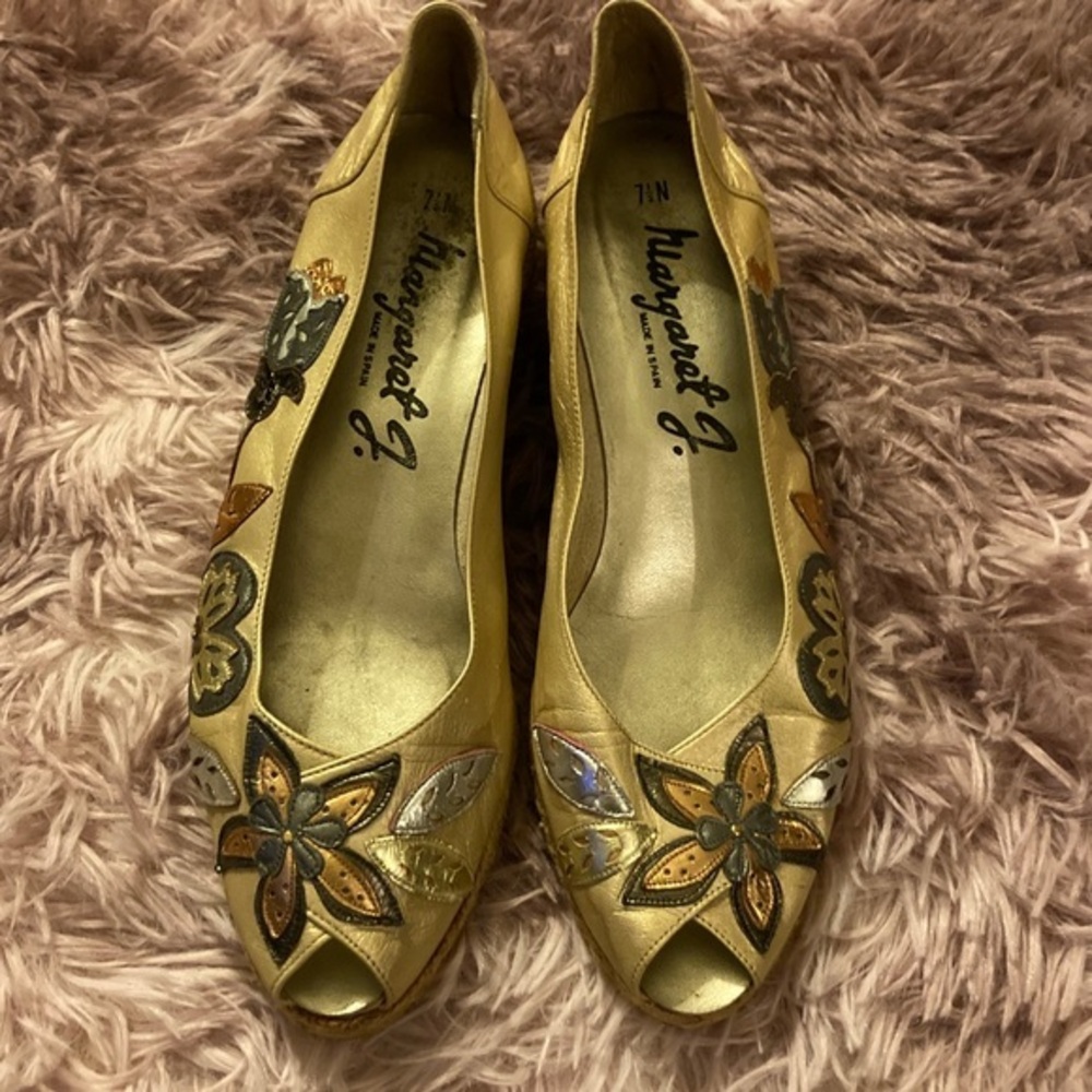 Margaret J Metallic Gold Silver Peep Toe Leather Wedge Espadrilles Size 7.5 N